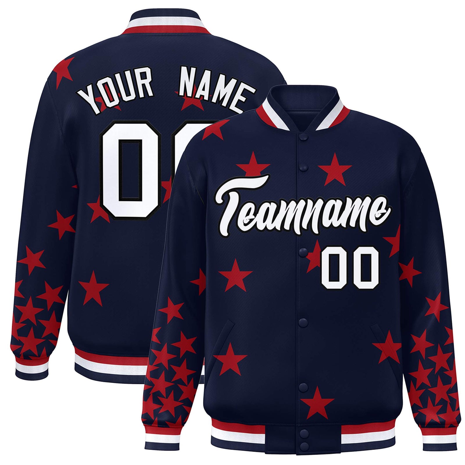 Custom Navy White Star Graffiti Pattern Varsity Full-Snap Bomber Jacket