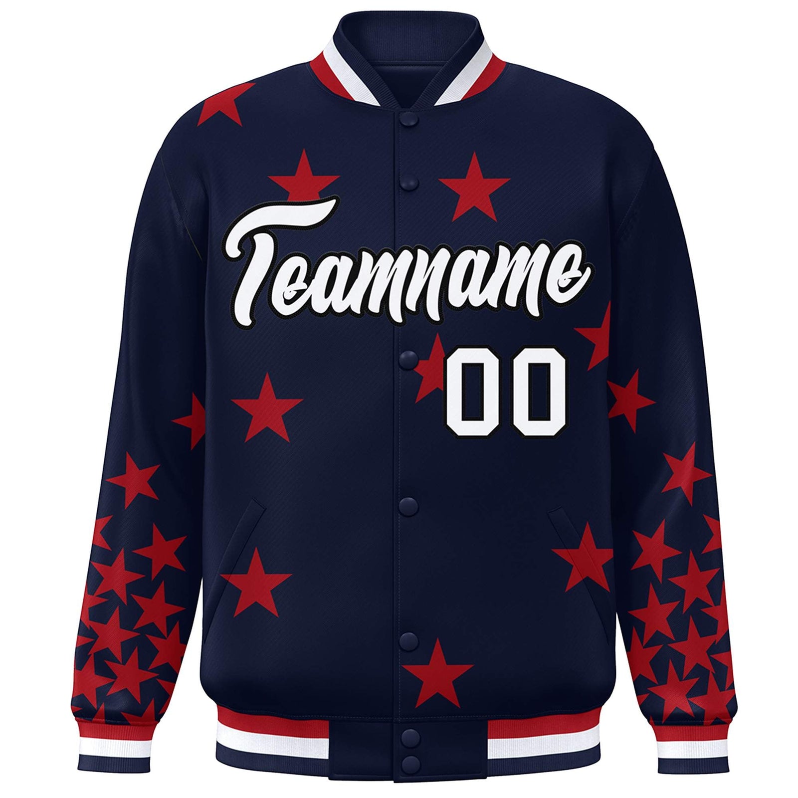 Custom Navy White Star Graffiti Pattern Varsity Full-Snap Bomber Jacket