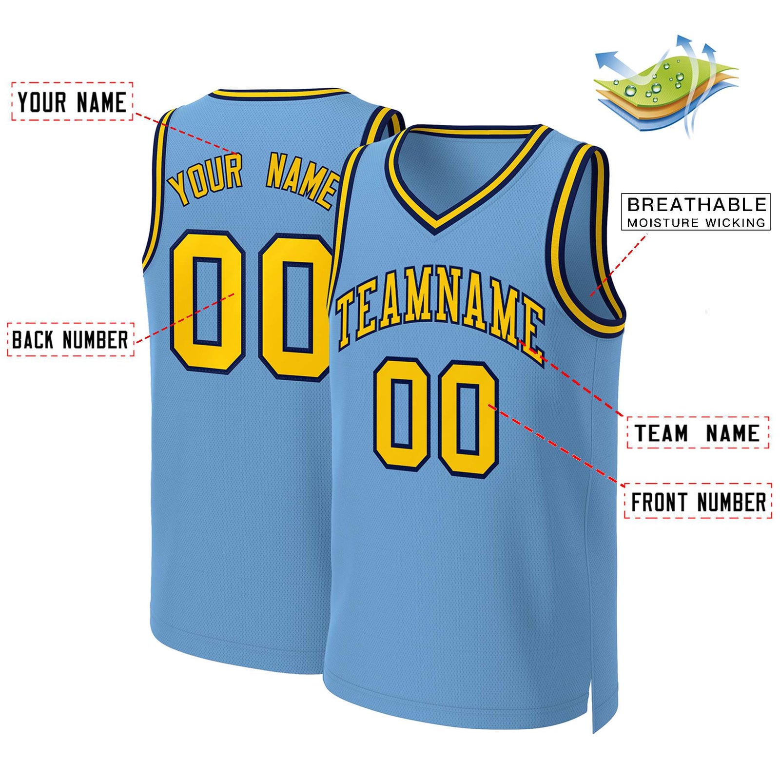 Custom Light Blue Yellow-Navy Classic Tops Basketball Jersey