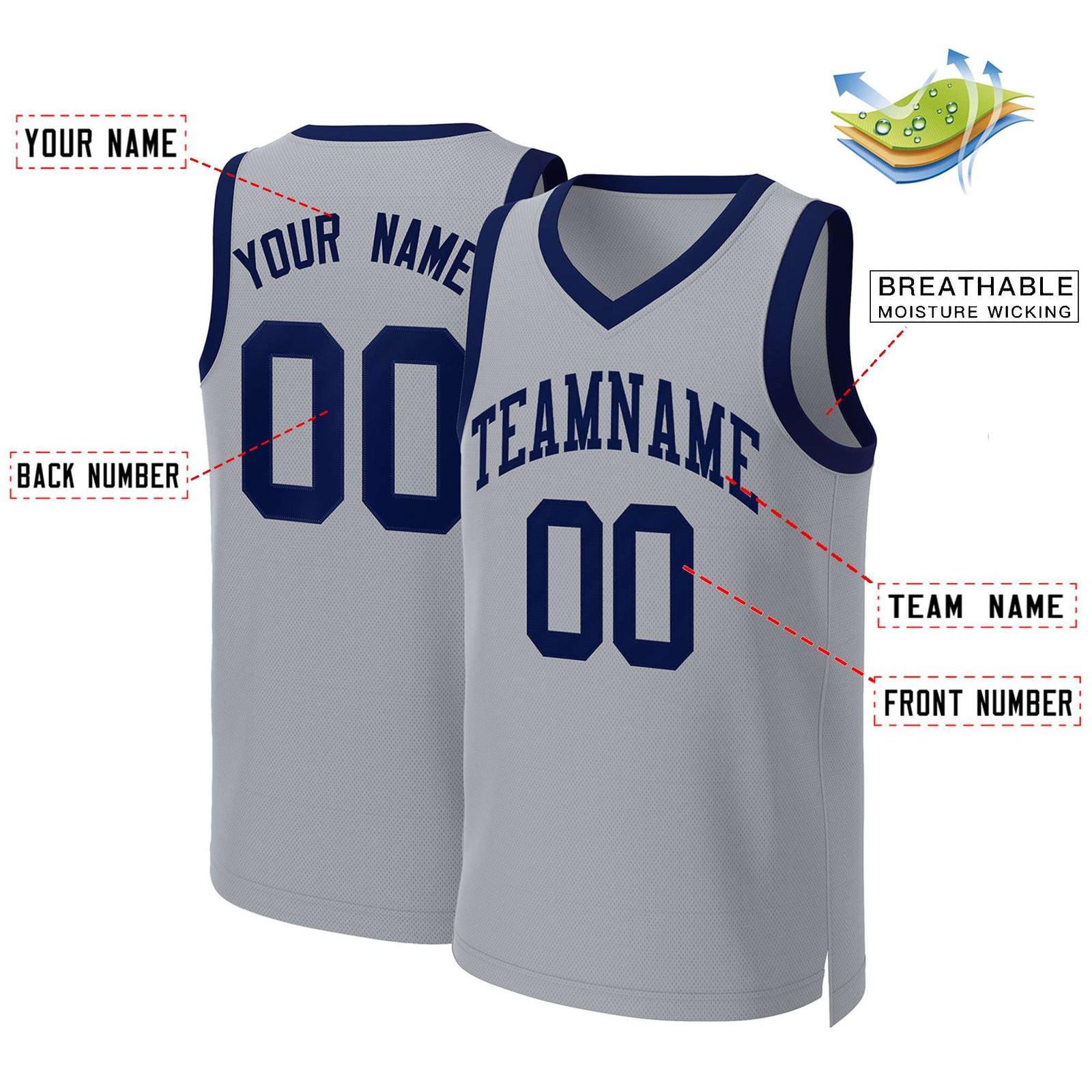 Custom Gray Navy Classic Tops Basketball Jersey