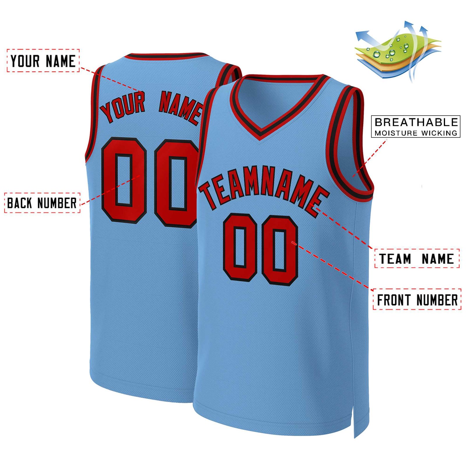 Custom Light Blue Red-Black Classic Tops Basketball Jersey
