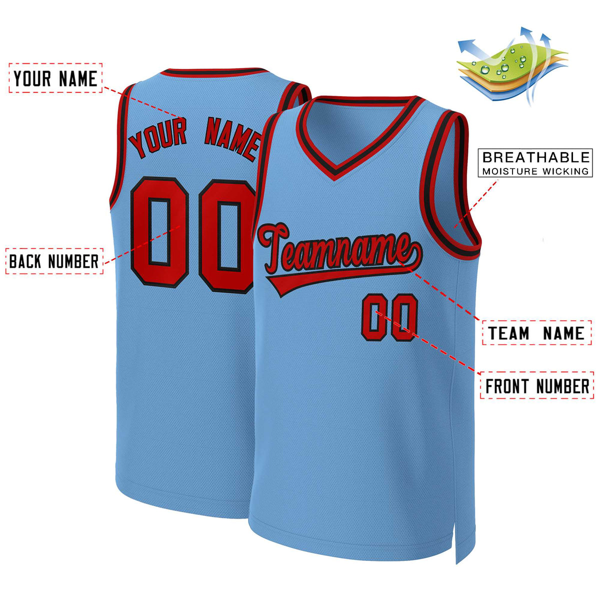 Custom Light Blue Red-Black Classic Tops Basketball Jersey