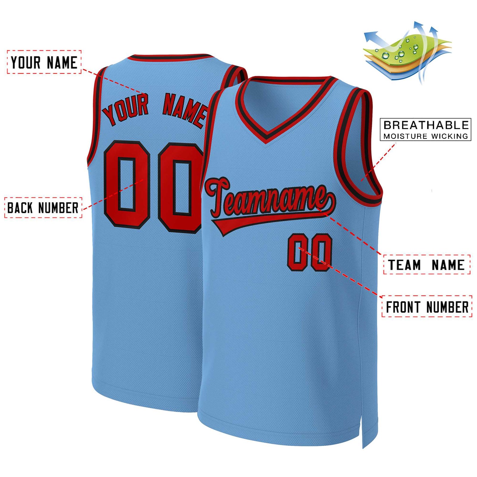 Custom Light Blue Red-Black Classic Tops Basketball Jersey