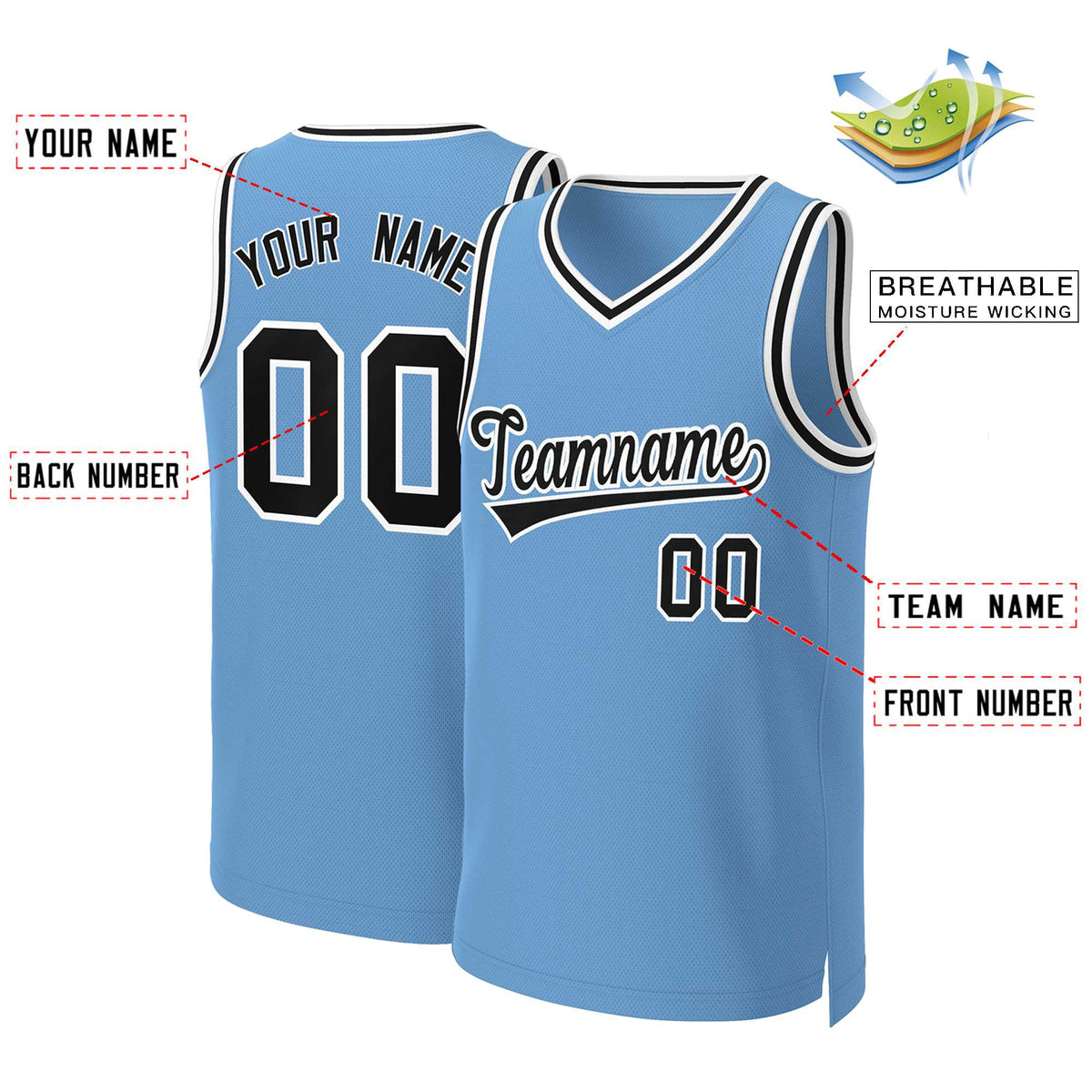Custom Light Blue Black-White Classic Tops Basketball Jersey