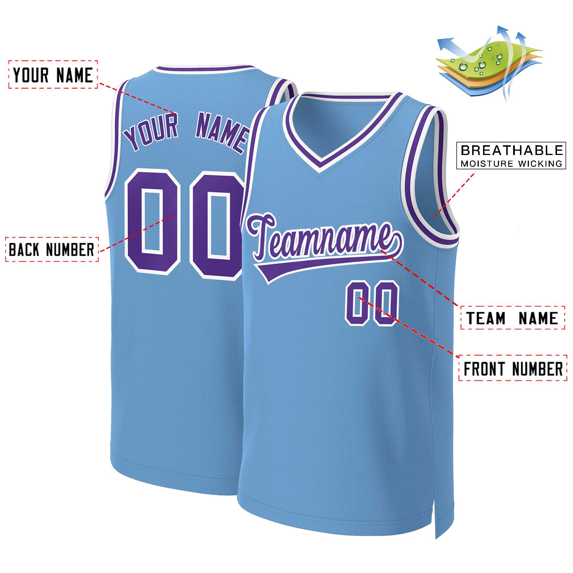 Custom Light Blue Purple-White Classic Tops Basketball Jersey