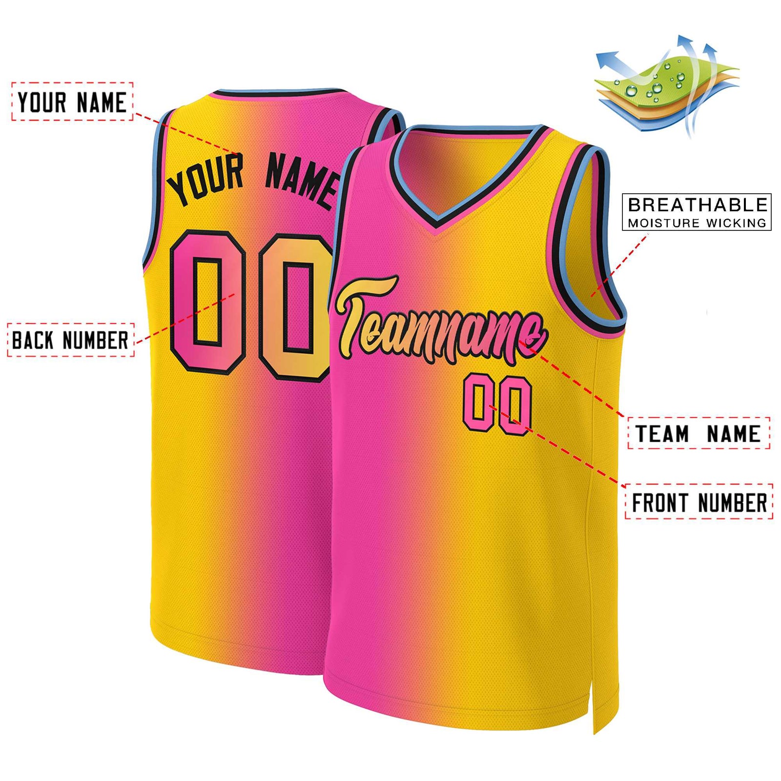 Custom Pink Yellow-Black Gradient Fashion Tops Basketball Jersey
