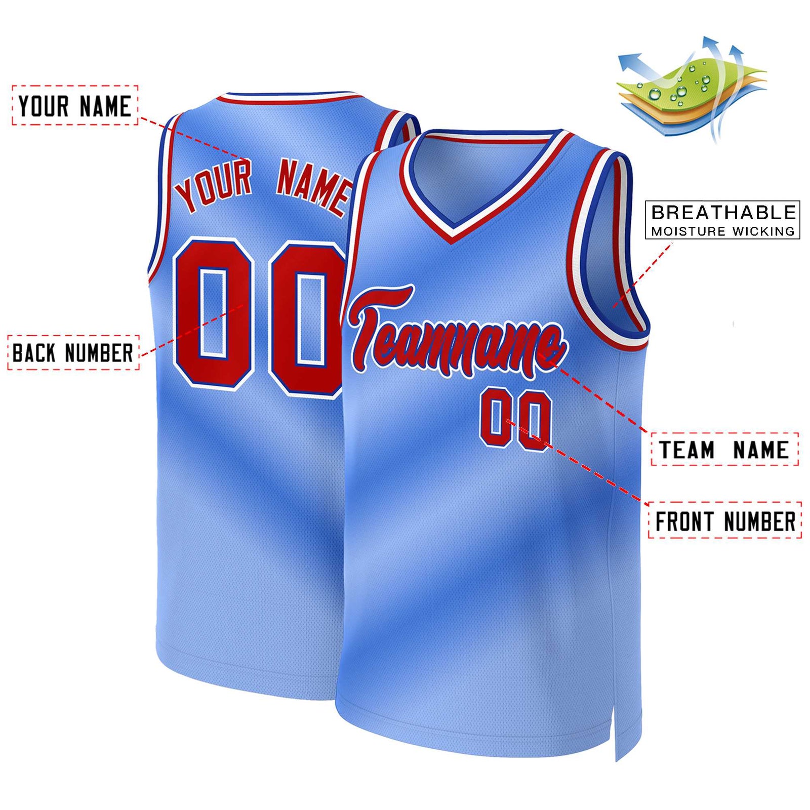 Custom Light Blue Red-Royal Gradient Fashion Tops Basketball Jersey
