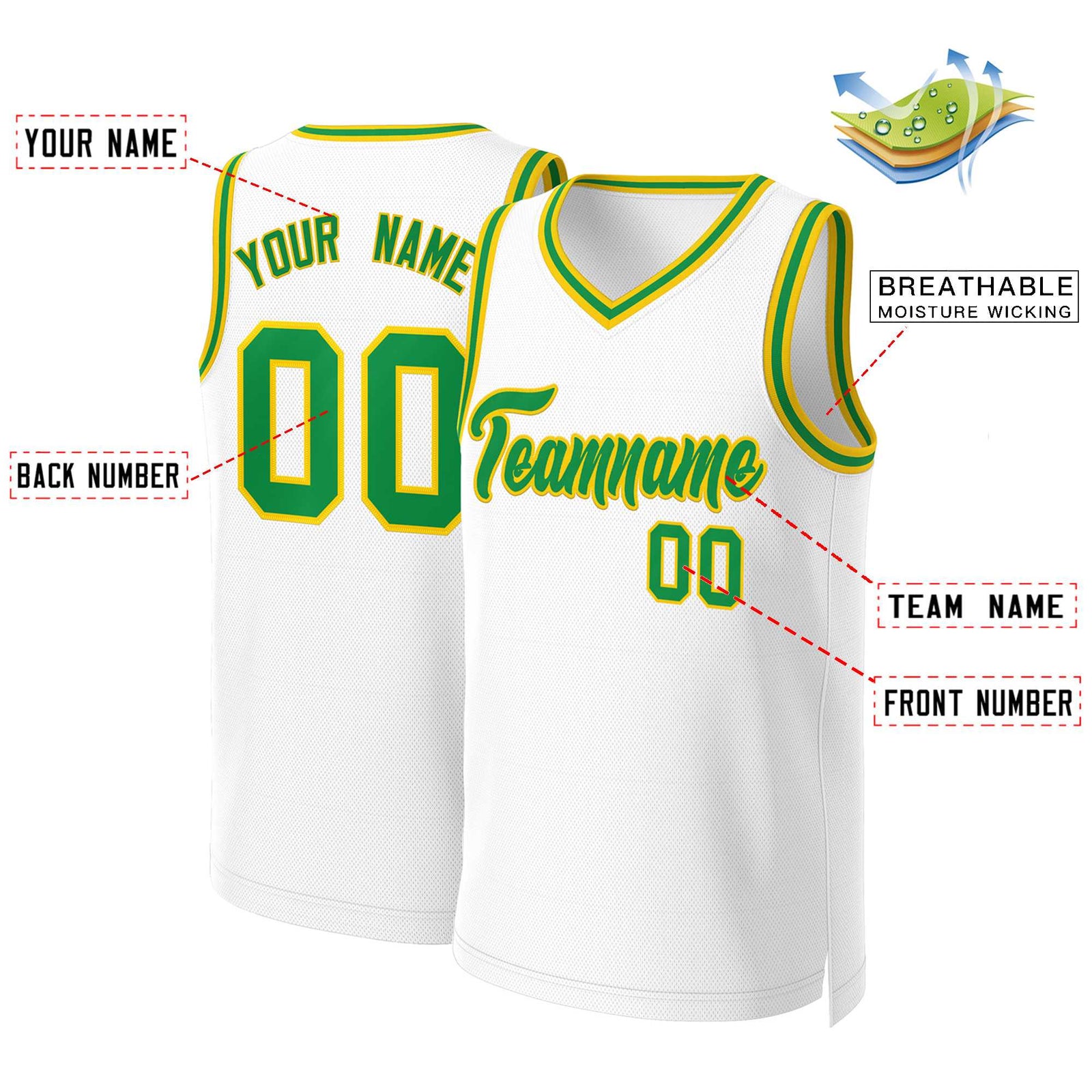 Custom White Green-Yellow Classic Tops Basketball Jersey