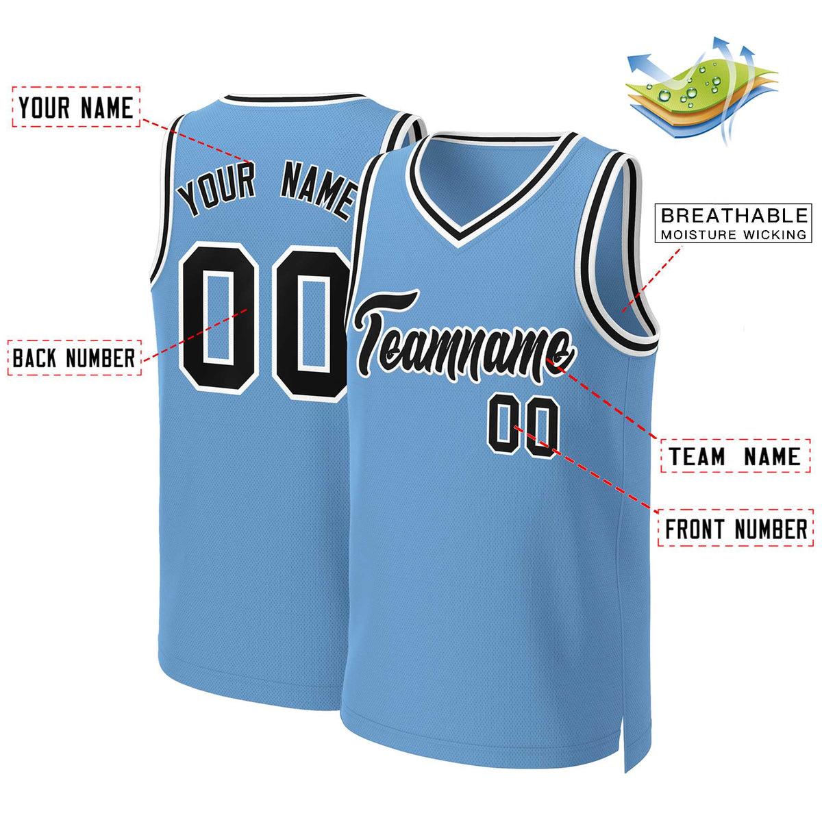 Custom Light Blue Black-White Classic Tops Basketball Jersey