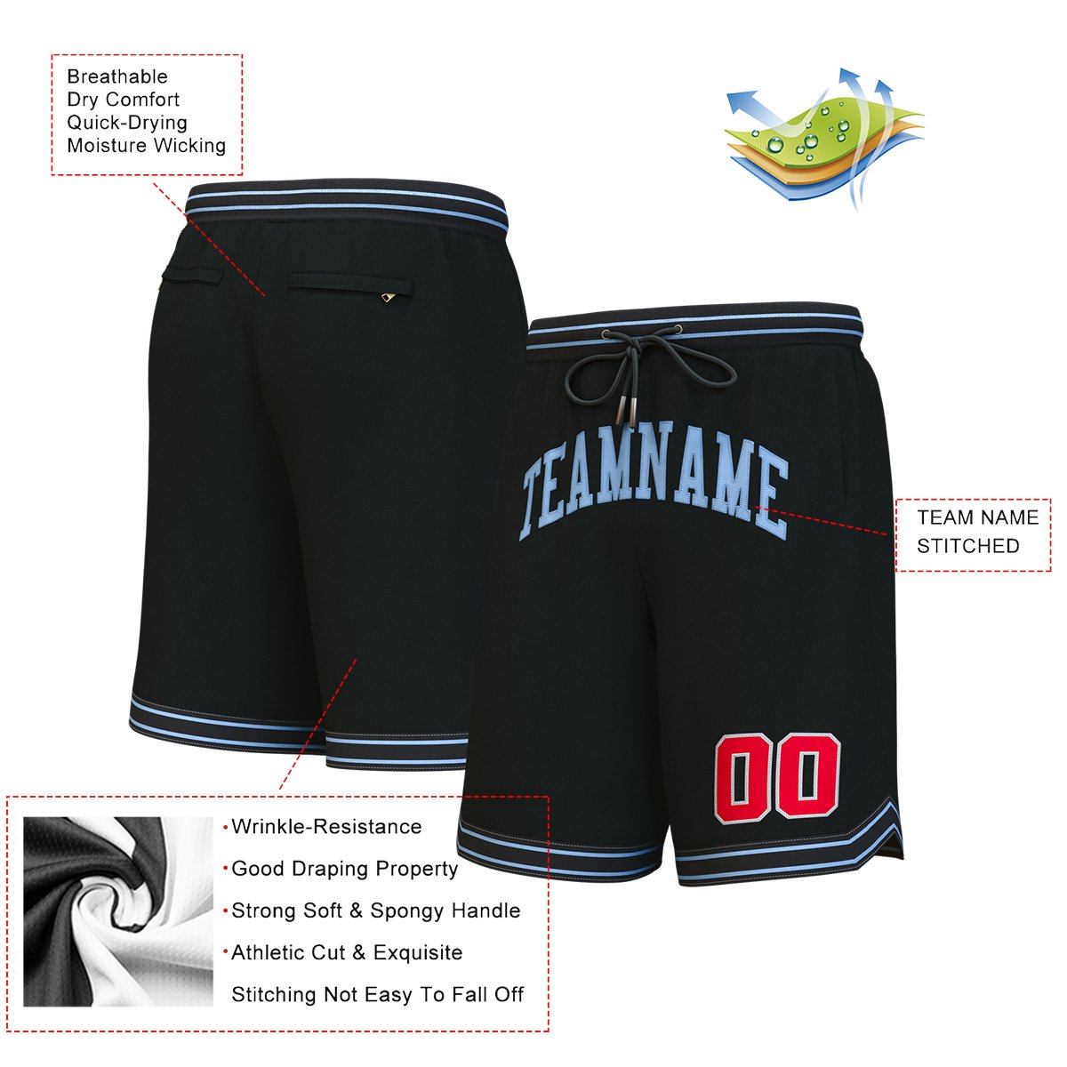 Custom Black Light Blue Personalized Basketball Shorts