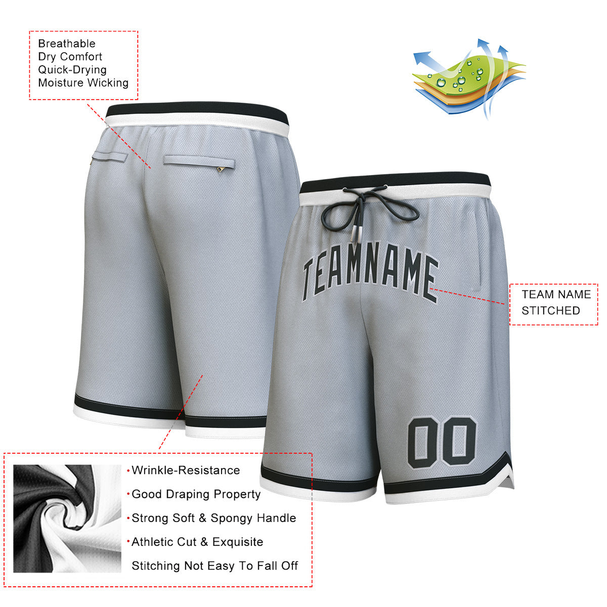 Custom Gray Black-White Personalized Basketball Shorts