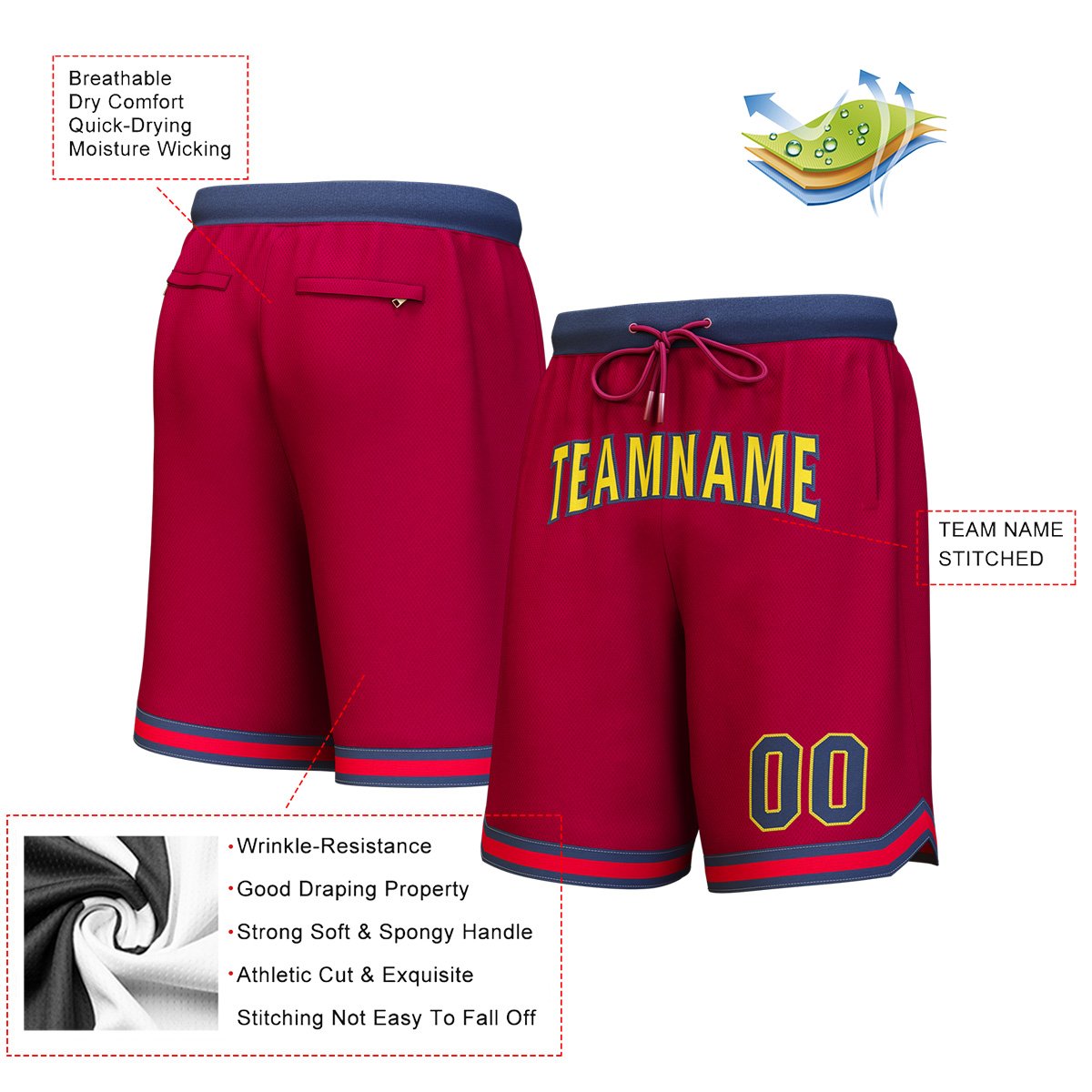 Custom Maroon Yellow-Navy Personalized Basketball Shorts