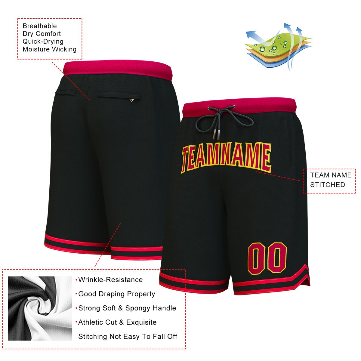 Custom Black Maroon-Yellow Personalized Basketball Shorts