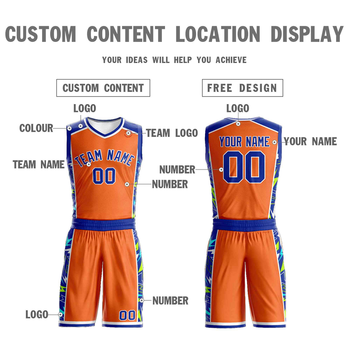 Custom Orange Royal-White Graffiti Pattern Sets Lightning Basketball Jersey