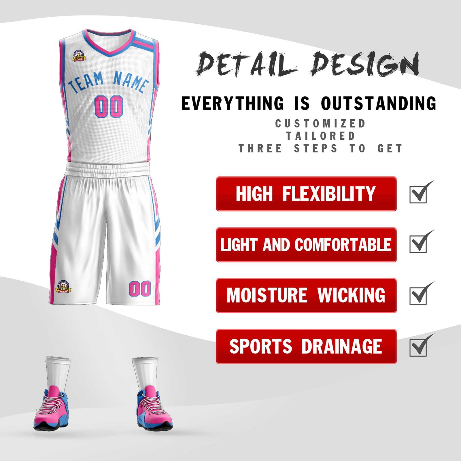 Custom White Powder Blue Classic Sets Mesh Basketball Jersey