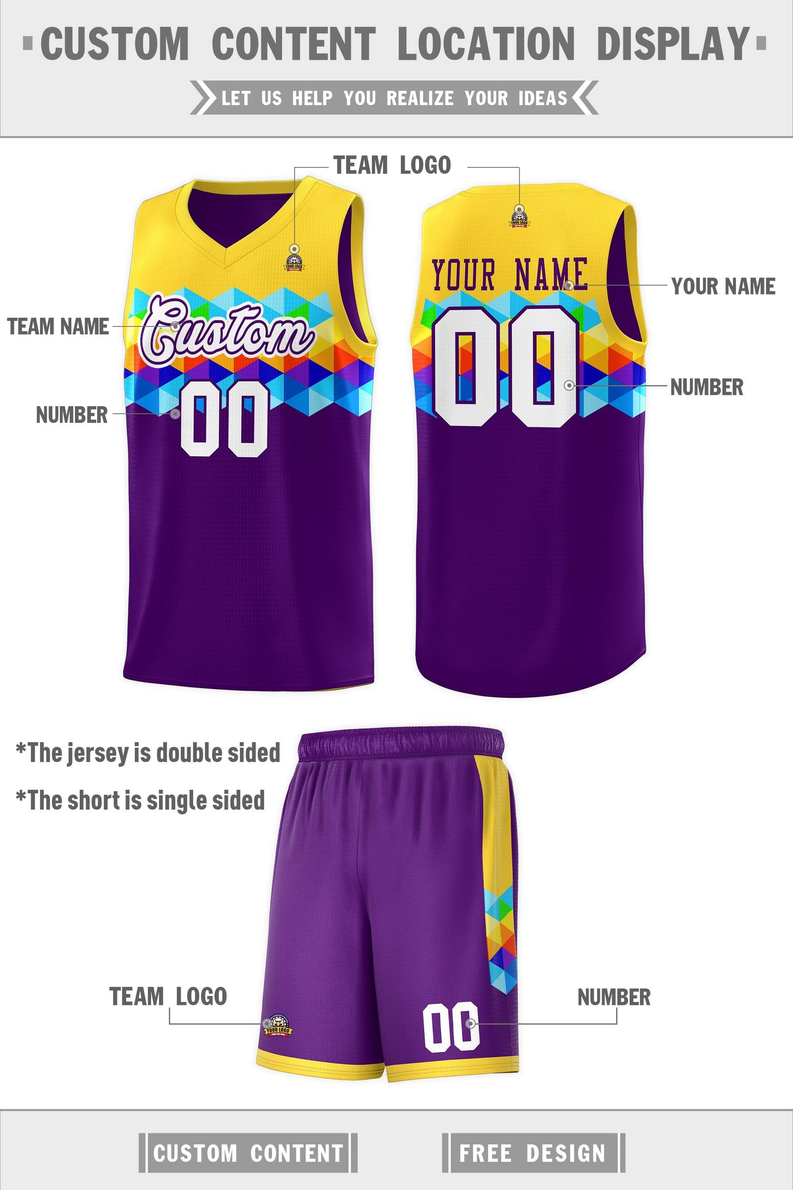 Custom Gold Purple-White Personalized Colorful Basketball Jersey Sets