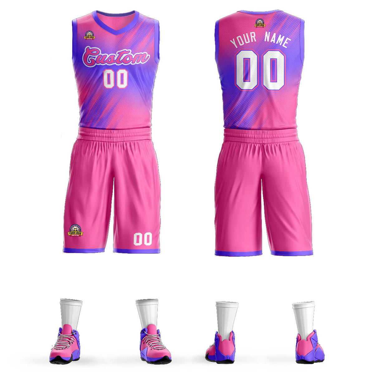 Custom Pink Pink-Purple Gradient Fashion Sets Slash Basketball Jersey