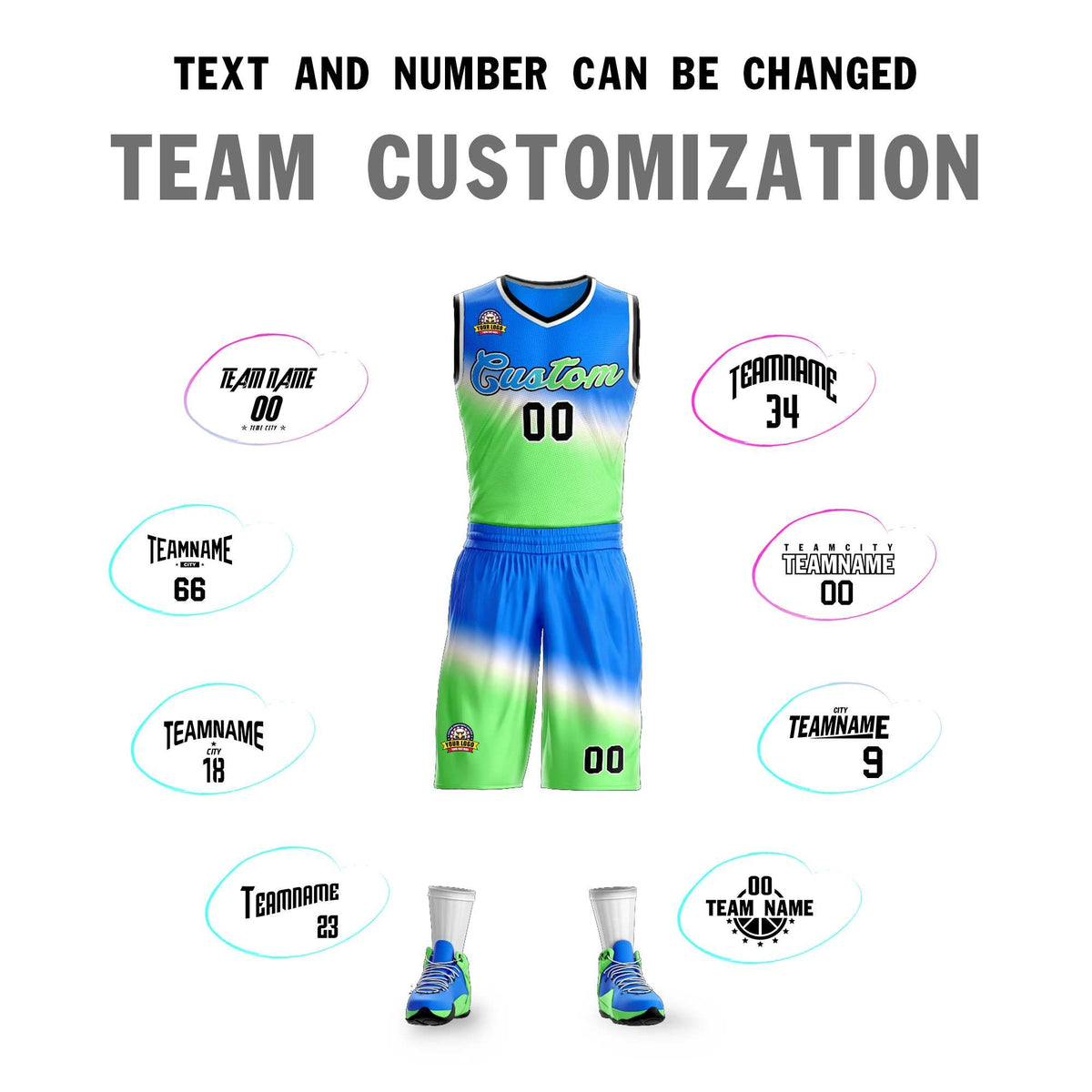 Custom Blue Green-Blue Gradient Fashion Sets Slash Basketball Jersey