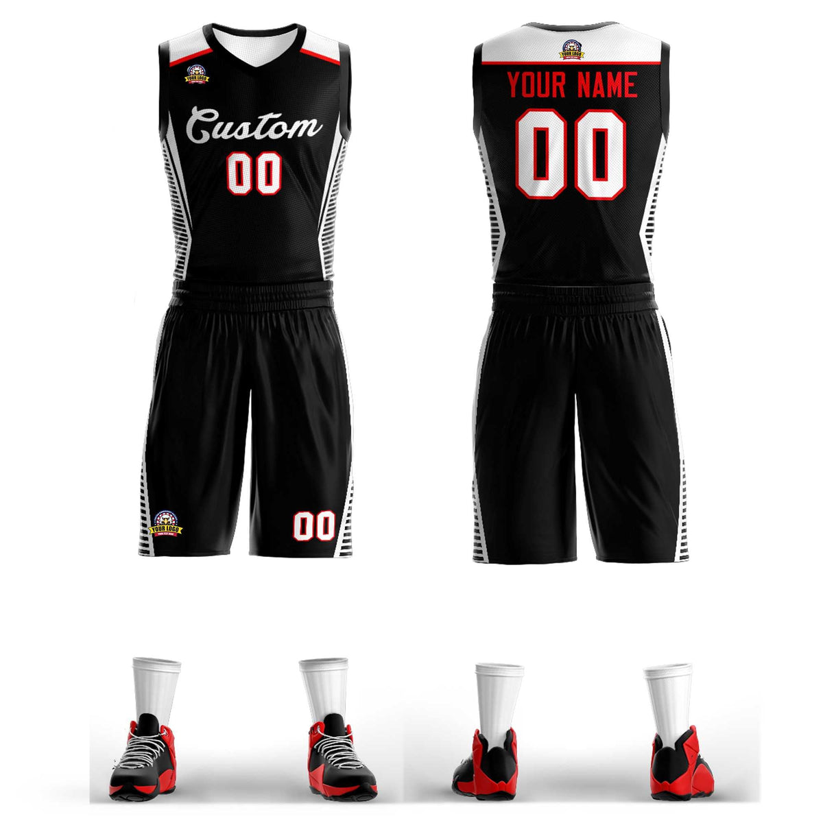 Custom Black White Classic Sets Mesh Basketball Jersey