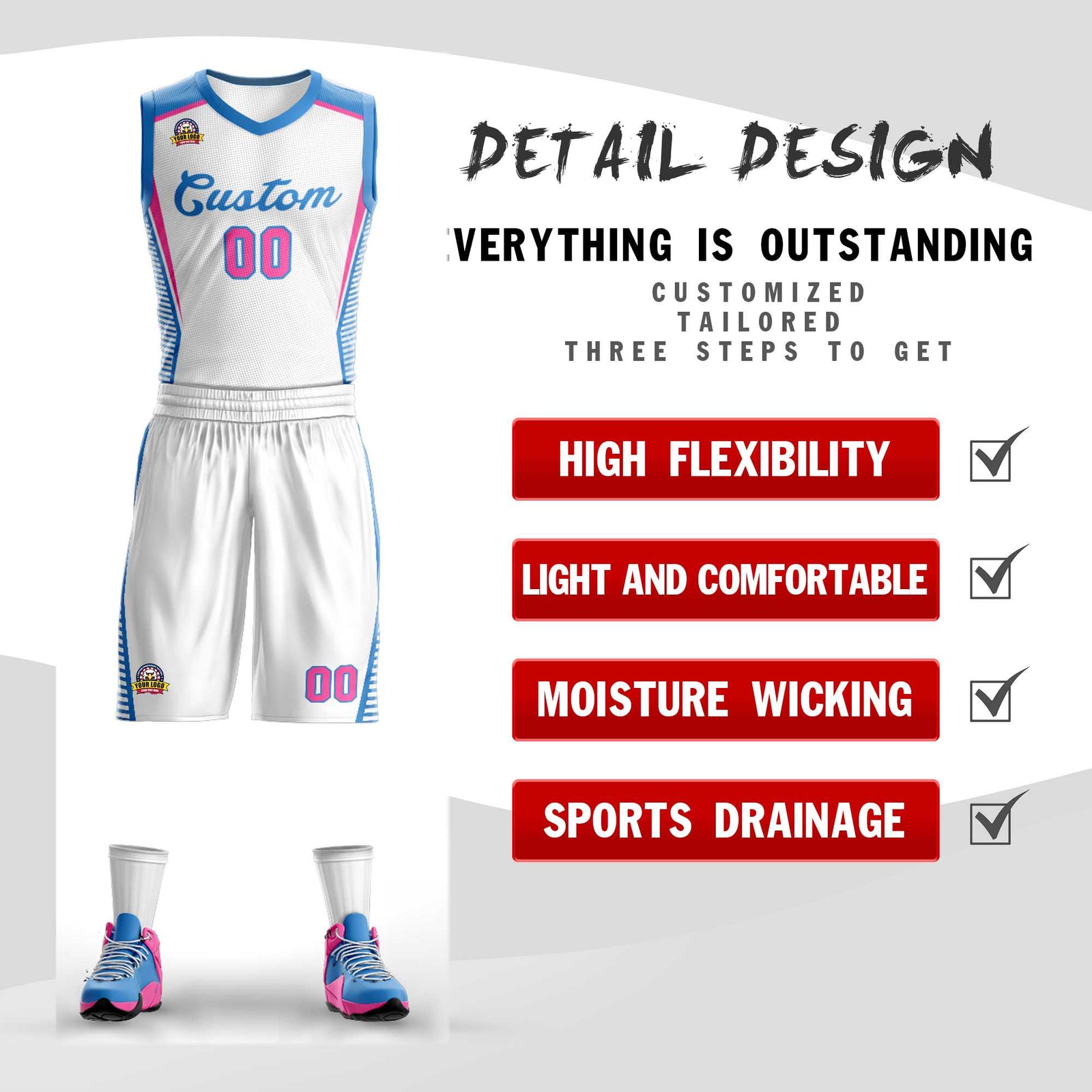 Custom White Powder Blue Classic Sets Mesh Basketball Jersey