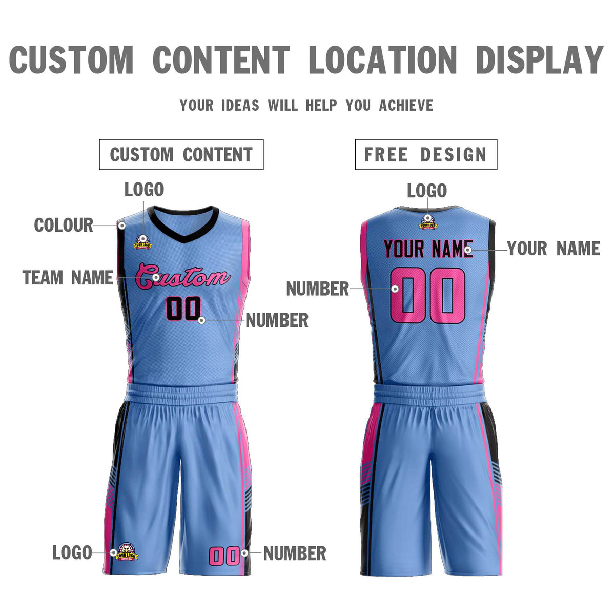 Custom Light Blue Black-Pink Classic Sets Sports Uniform Basketball Jersey