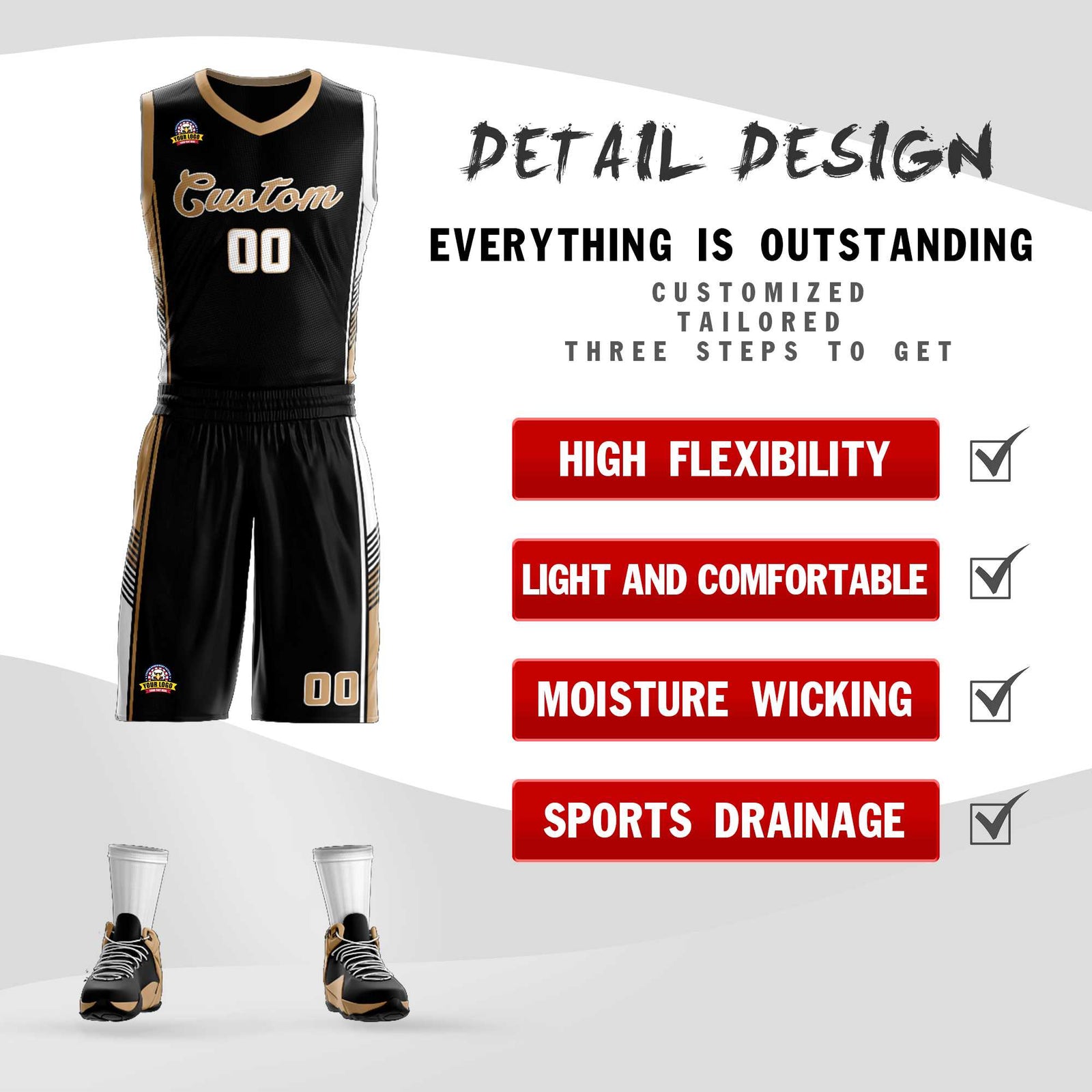 Custom Black Old Gold-White Classic Sets Sports Uniform Basketball Jersey