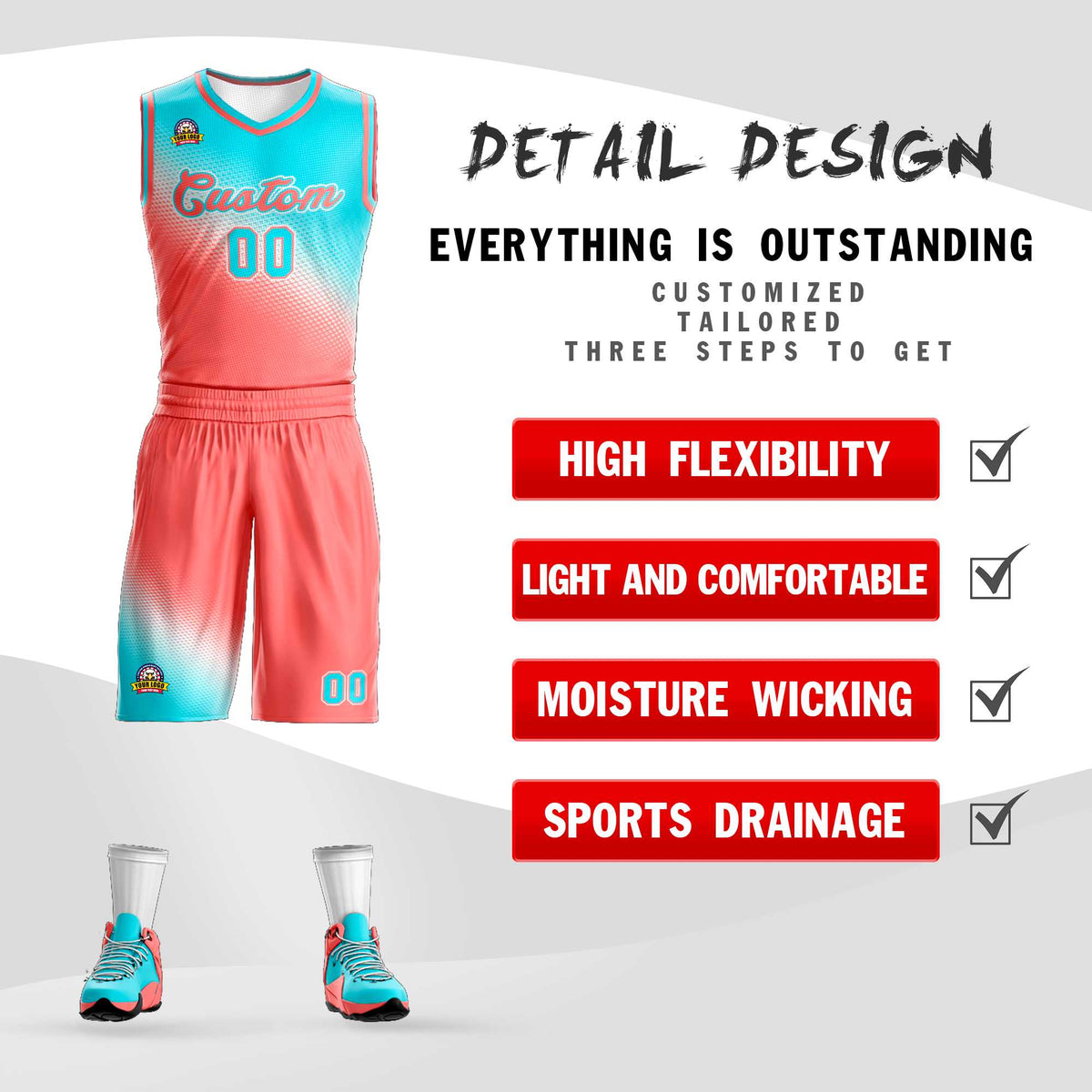 Custom Sky Blue Light Red Gradient Fashion Sports Uniform Basketball Jersey