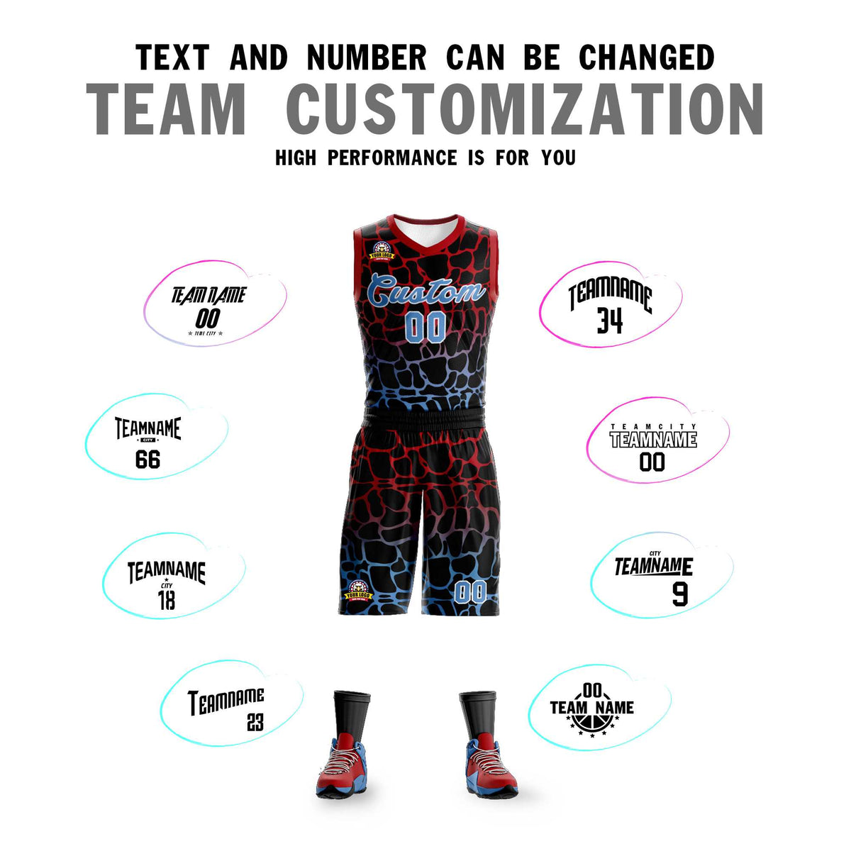 Custom Black Red-Powder Blue Spotted Graffiti Pattern Sports Uniform Basketball Jersey