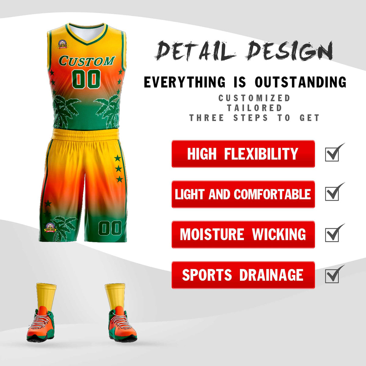 Custom Yellow Orange-Green Gradient Fashion Coconut Palm Pattern Sports Uniform Basketball Jersey