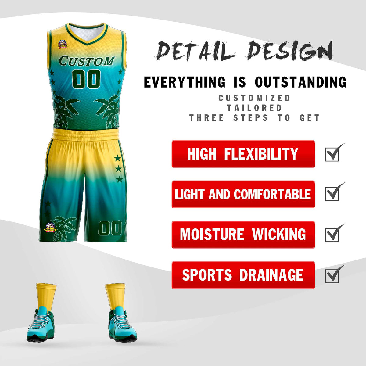 Custom Yellow Blue-Aqua Gradient Fashion Coconut Palm Pattern Sports Uniform Basketball Jersey