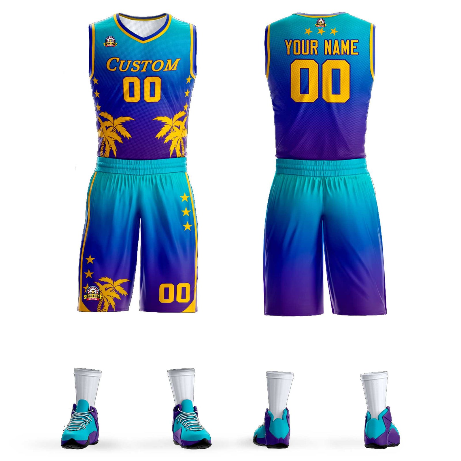 Custom Blue Royal-Purple Gradient Fashion Coconut Palm Pattern Sports Uniform Basketball Jersey