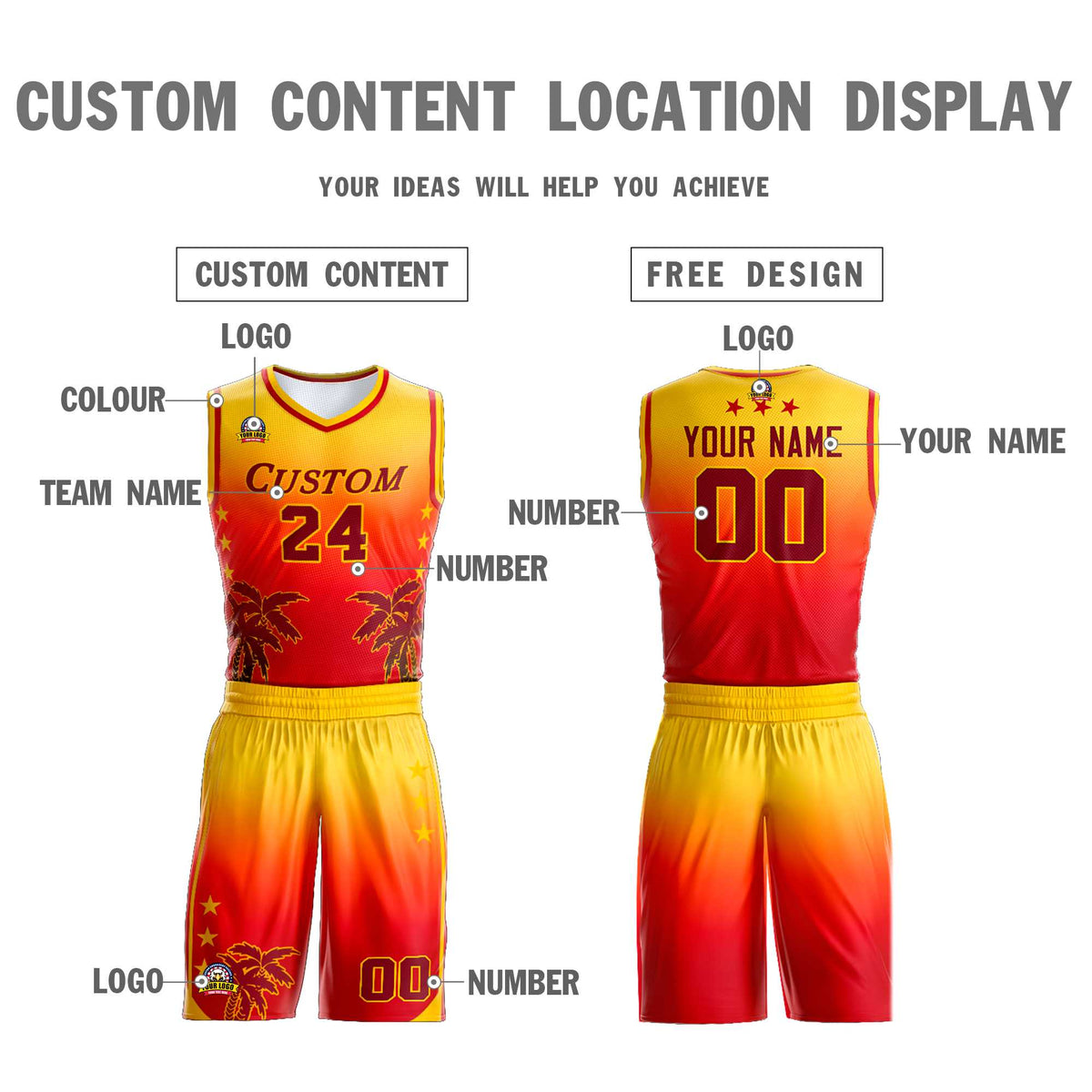 Custom Yellow Red-Dark Red Gradient Fashion Coconut Palm Pattern Sports Uniform Basketball Jersey