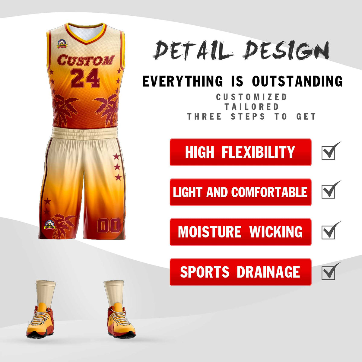Custom Cream Yellow-Texas Orange Gradient Fashion Coconut Palm Pattern Sports Uniform Basketball Jersey