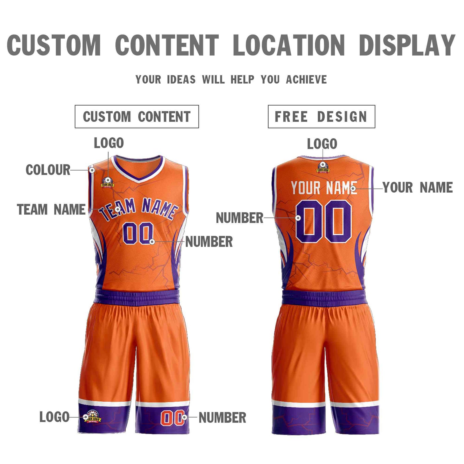 Custom Orange Purple-White Graffiti Pattern Sets Lightning Basketball Jersey