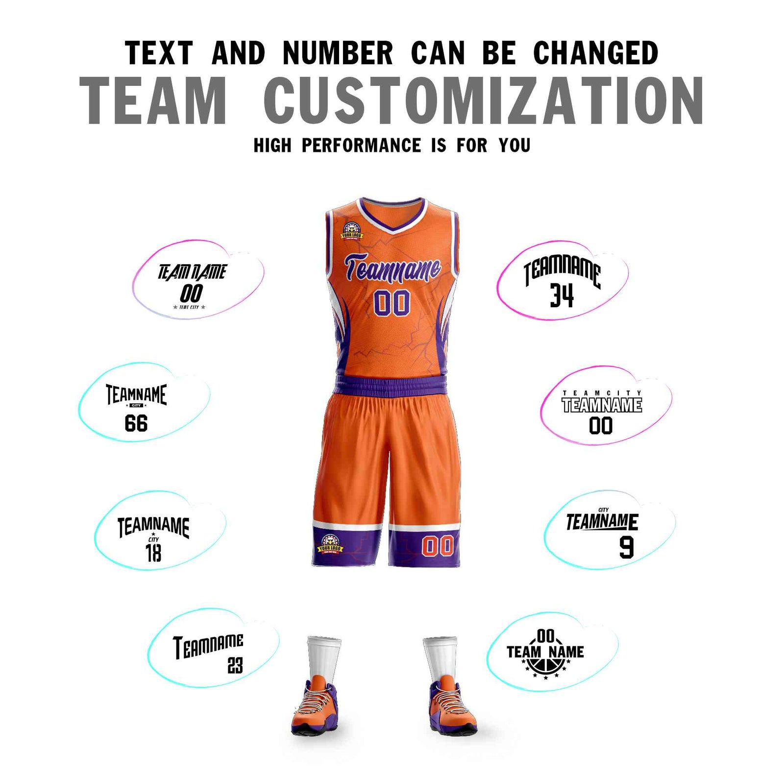 Custom Orange Purple-White Graffiti Pattern Sets Lightning Basketball Jersey
