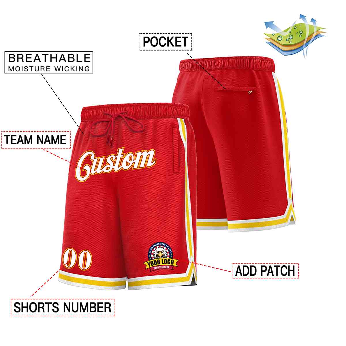 Custom Red White-Gold Classic Style Basketball Mesh Shorts