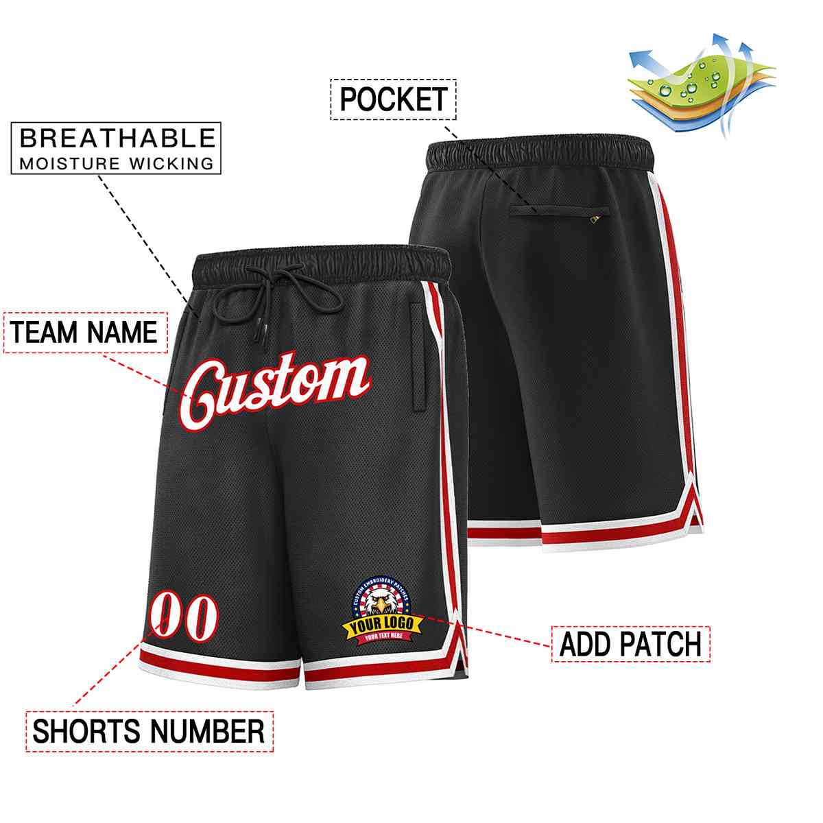 Custom Black White-Red Classic Style Basketball Mesh Shorts