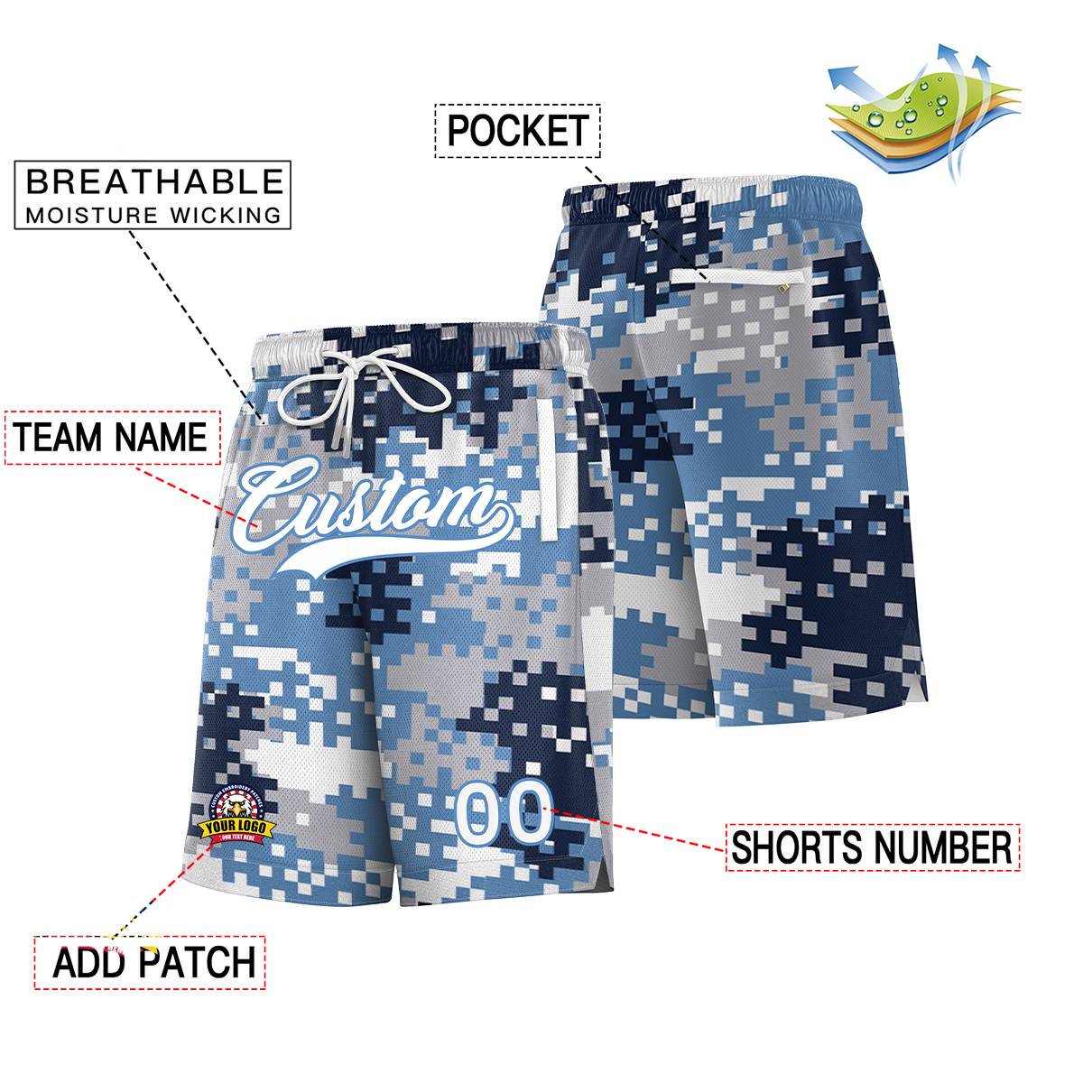 Custom Blue White Lignt Blue Camo Basketball Shorts
