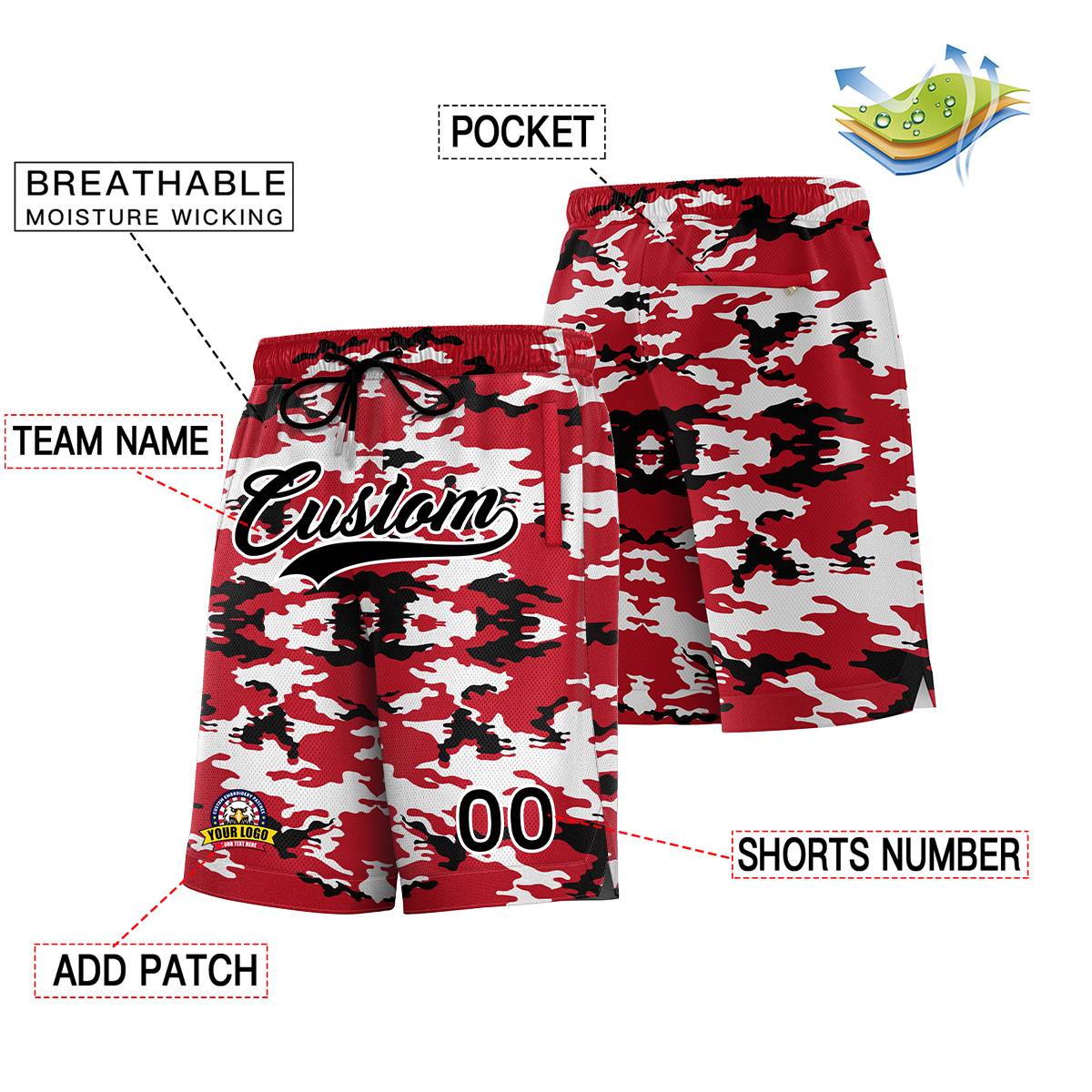 Custom Red Black White Camo Basketball Shorts