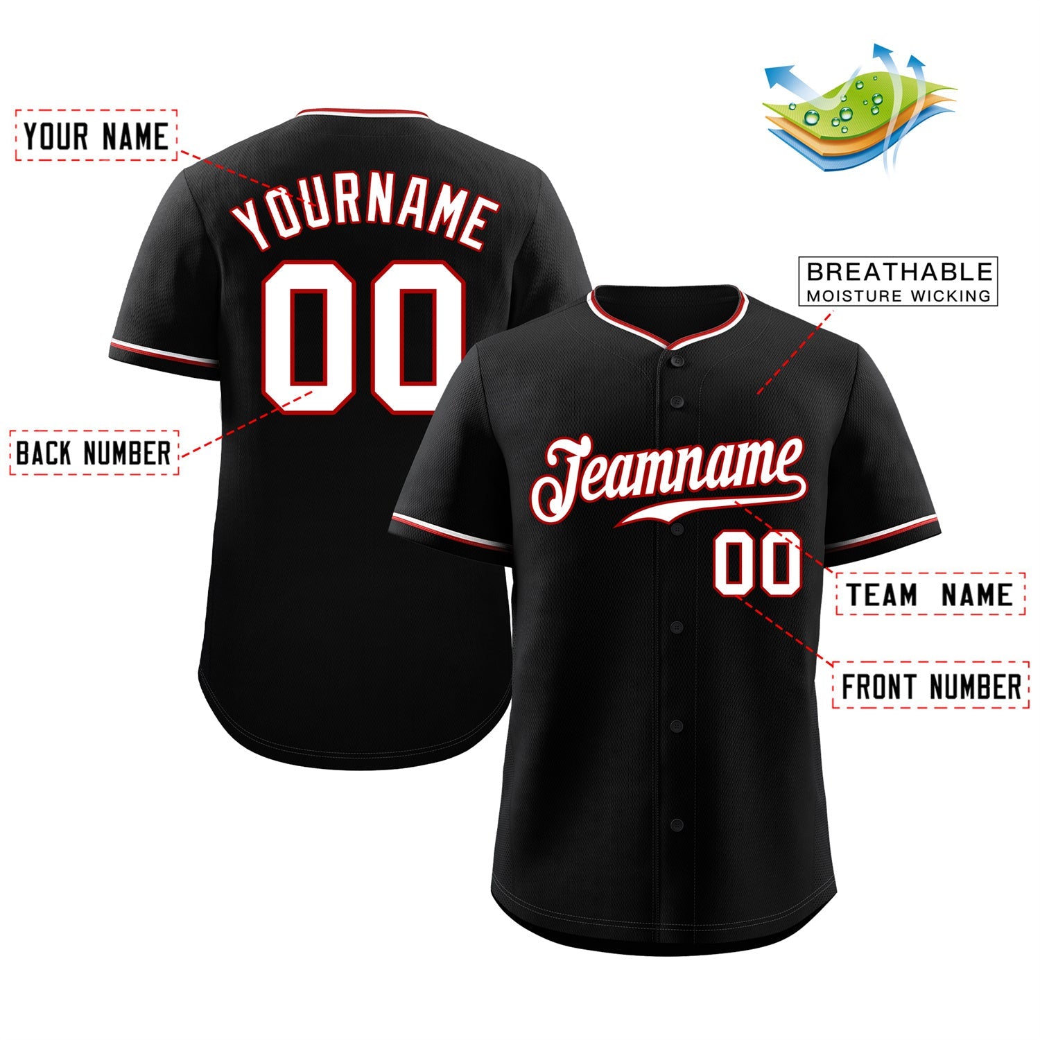 Custom Black White-Red Classic Style Authentic Baseball Jersey