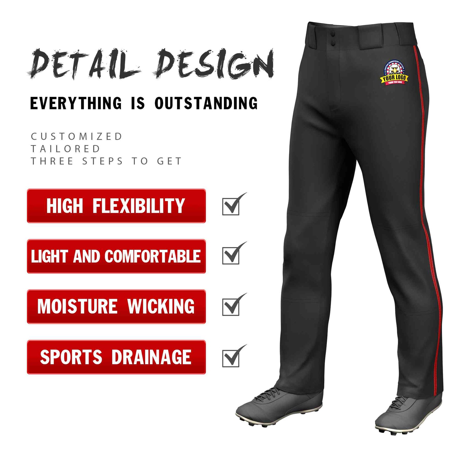 Custom Black Red Classic Fit Stretch Practice Loose-fit Baseball Pants