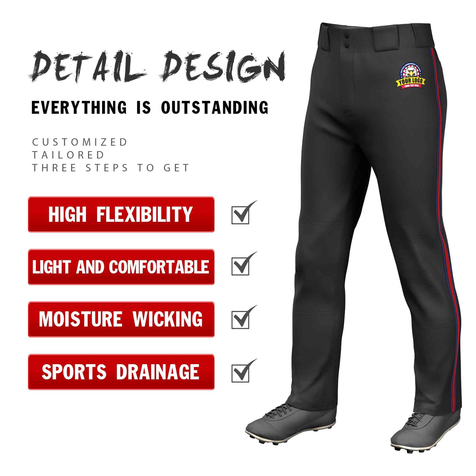 Custom Black Navy Red-Navy Classic Fit Stretch Practice Loose-fit Baseball Pants