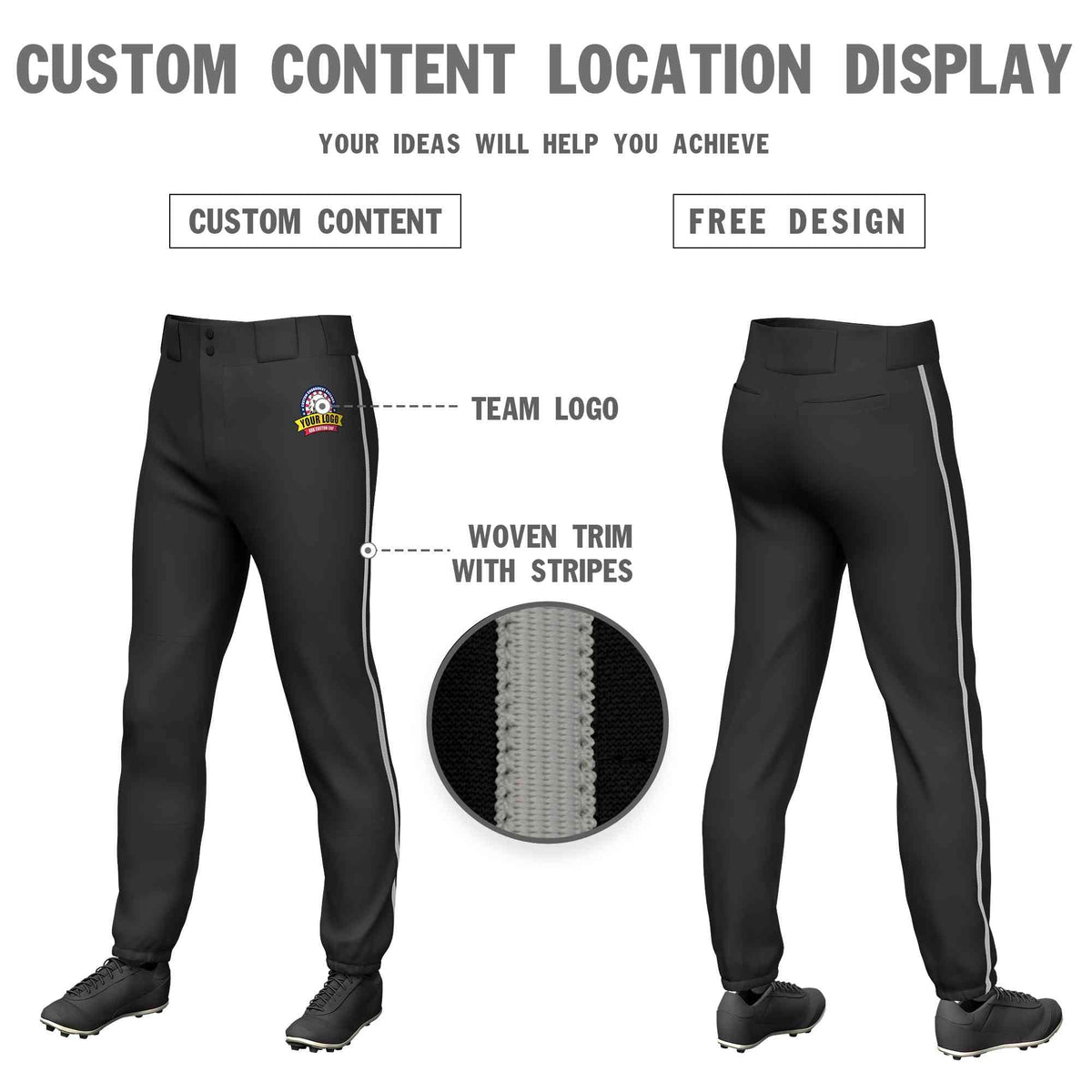 Custom Black Gray Classic Fit Stretch Practice Pull-up Baseball Pants