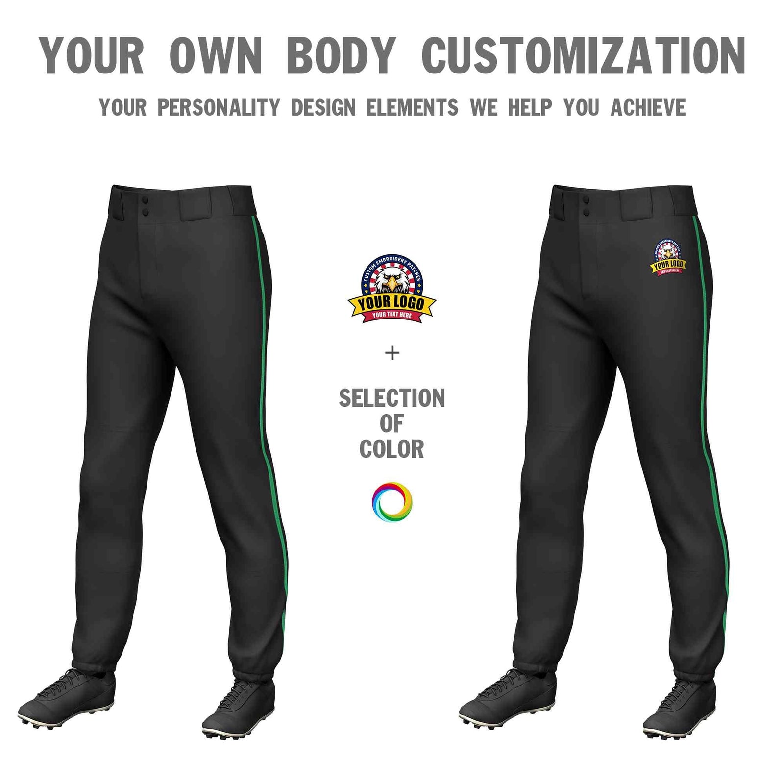 Custom Black Kelly Green Classic Fit Stretch Practice Pull-up Baseball Pants