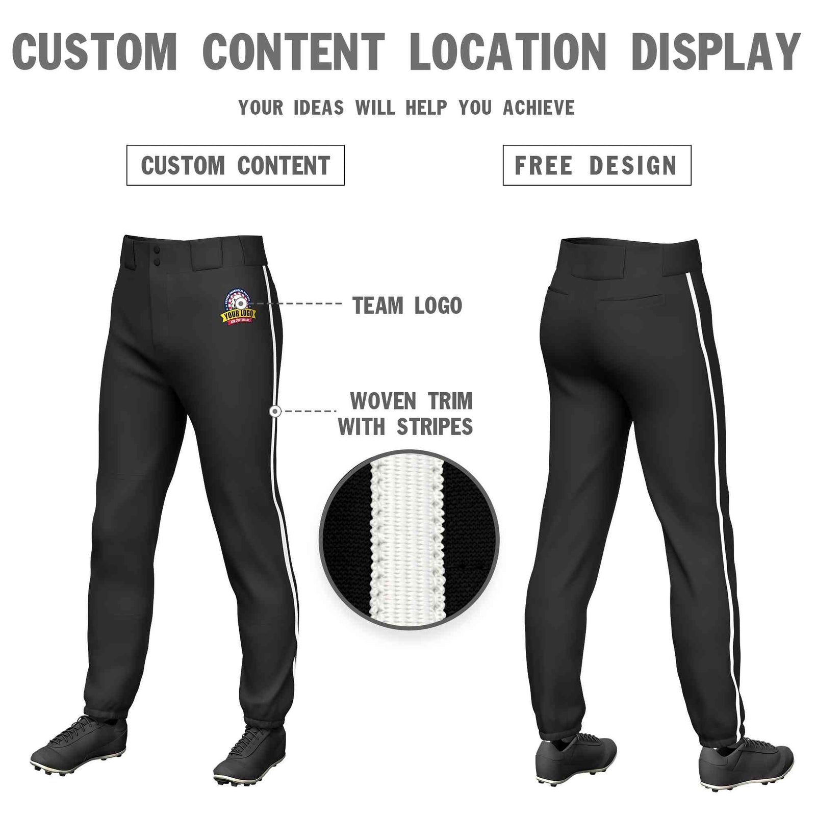 Custom Black White Classic Fit Stretch Practice Pull-up Baseball Pants