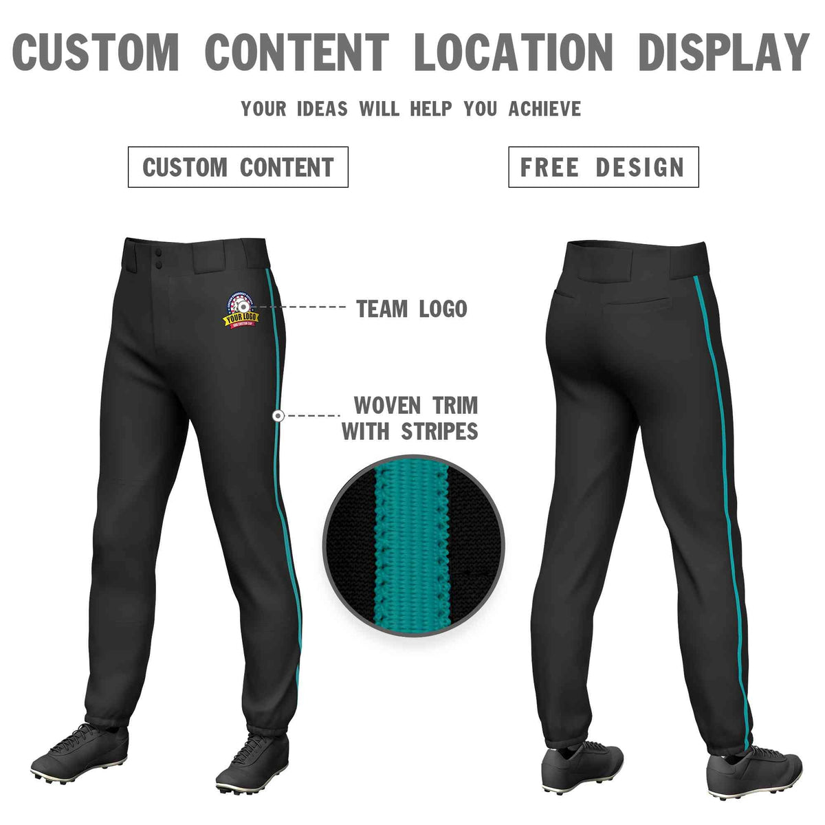 Custom Black Aqua Classic Fit Stretch Practice Pull-up Baseball Pants