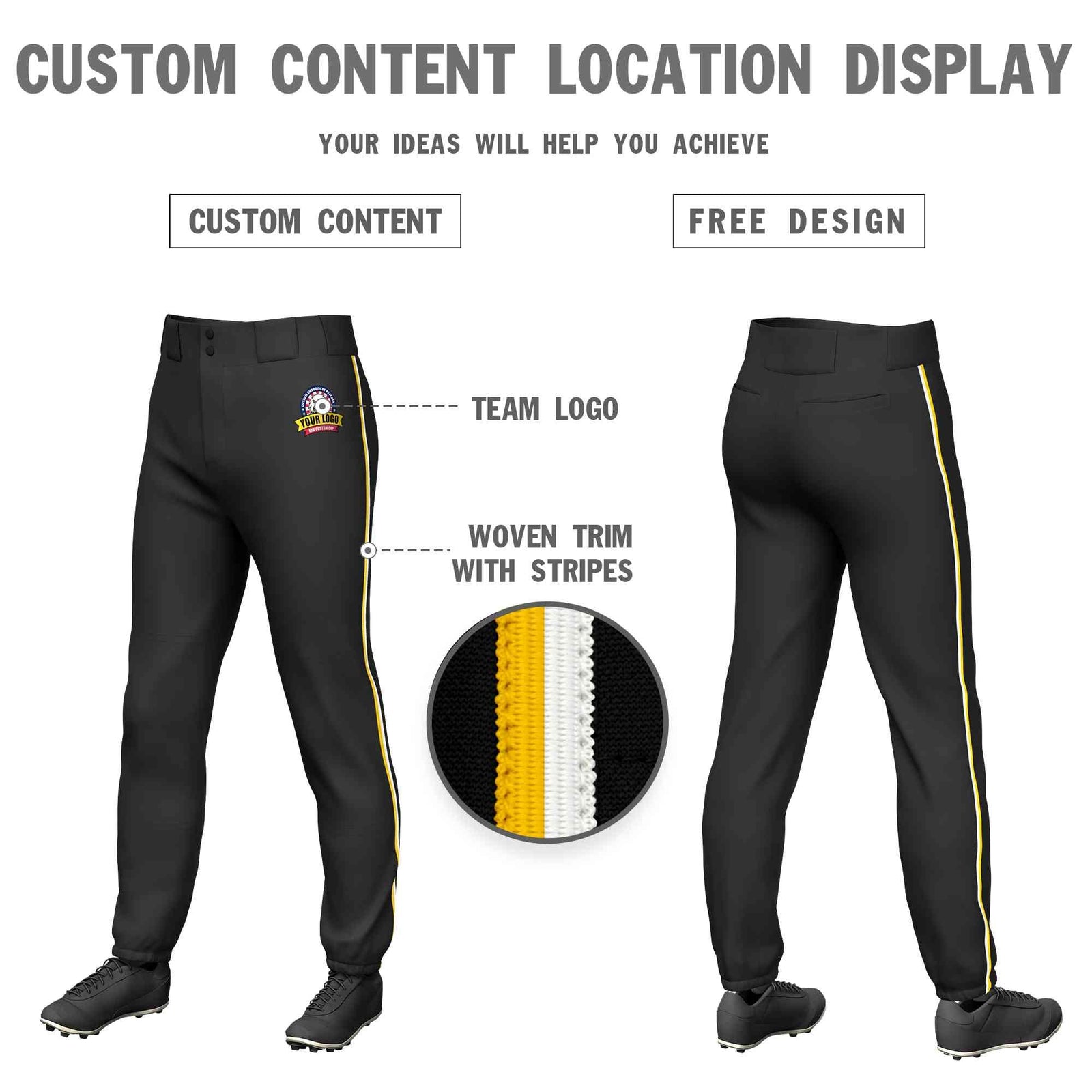 Custom Black Gold-White Classic Fit Stretch Practice Pull-up Baseball Pants