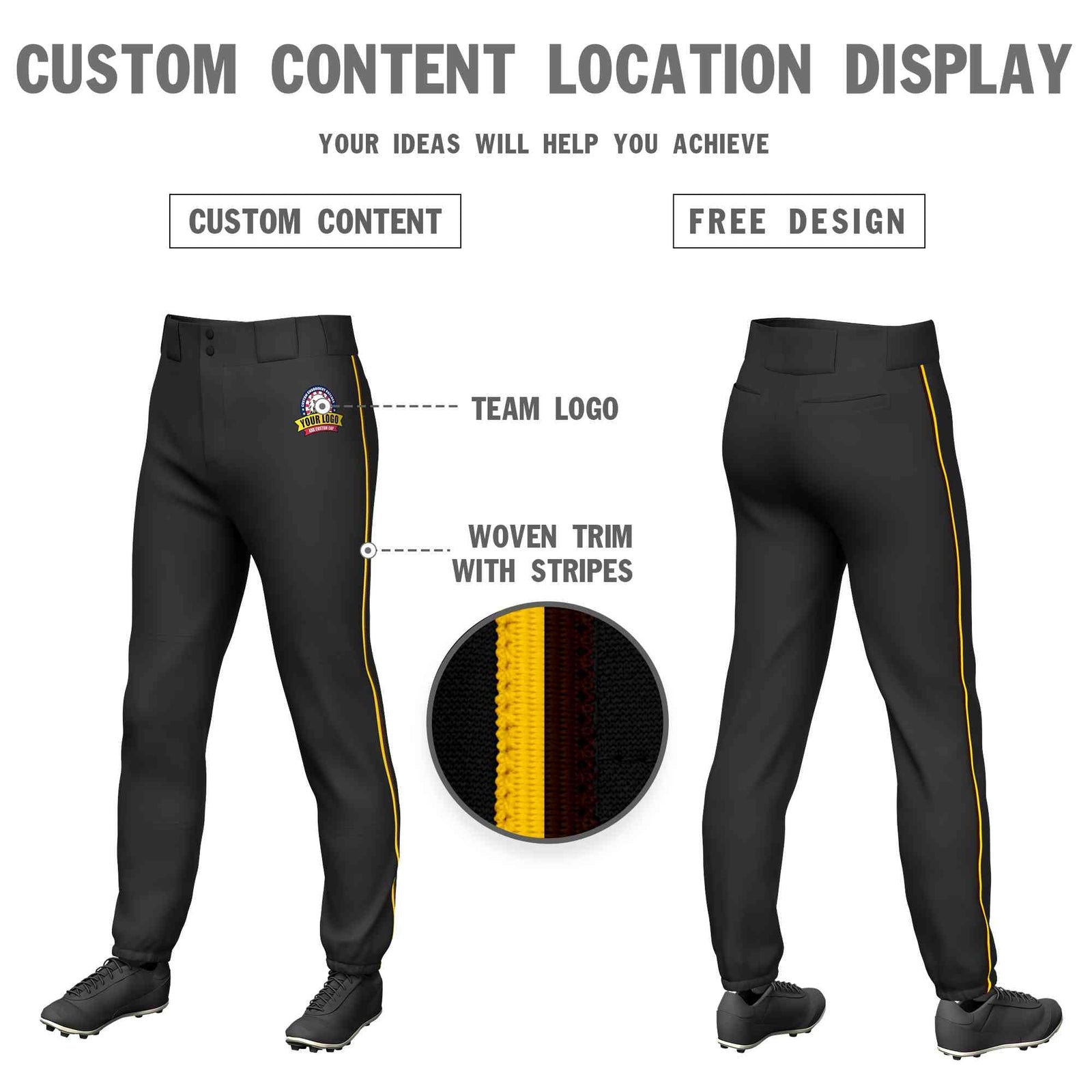 Custom Black Gold-Brown Classic Fit Stretch Practice Pull-up Baseball Pants
