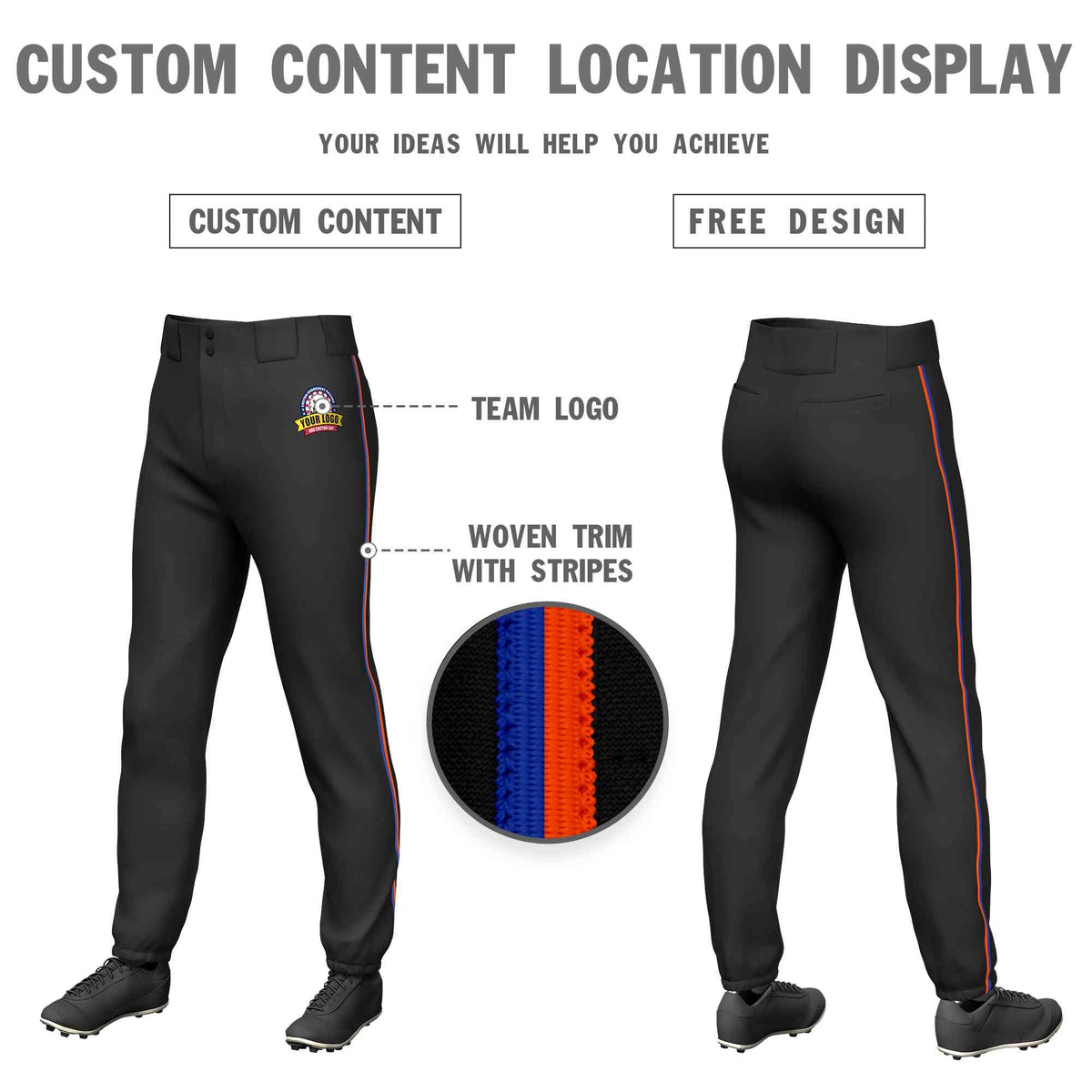 Custom Black Royal-Orange Classic Fit Stretch Practice Pull-up Baseball Pants