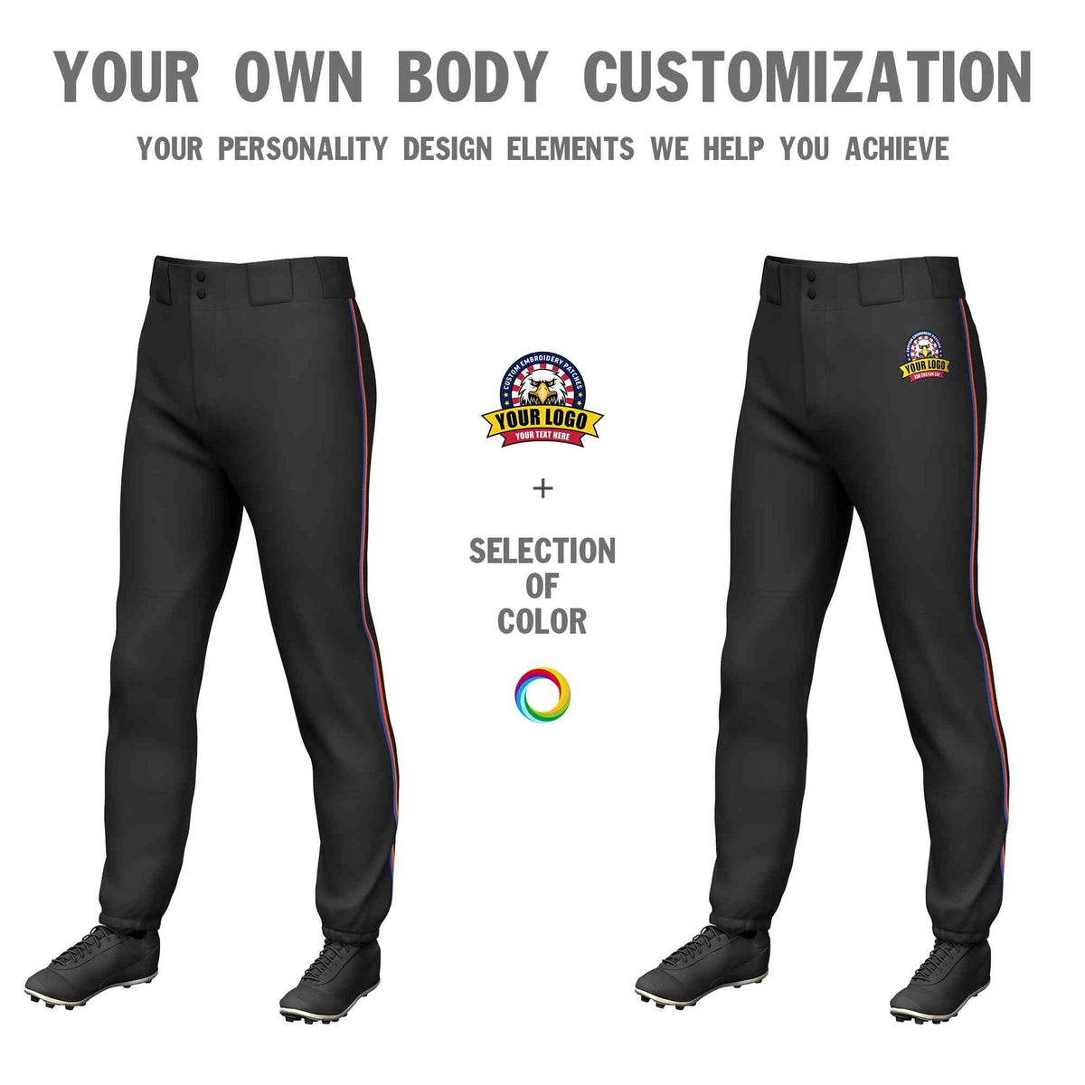 Custom Black Royal-Orange Classic Fit Stretch Practice Pull-up Baseball Pants